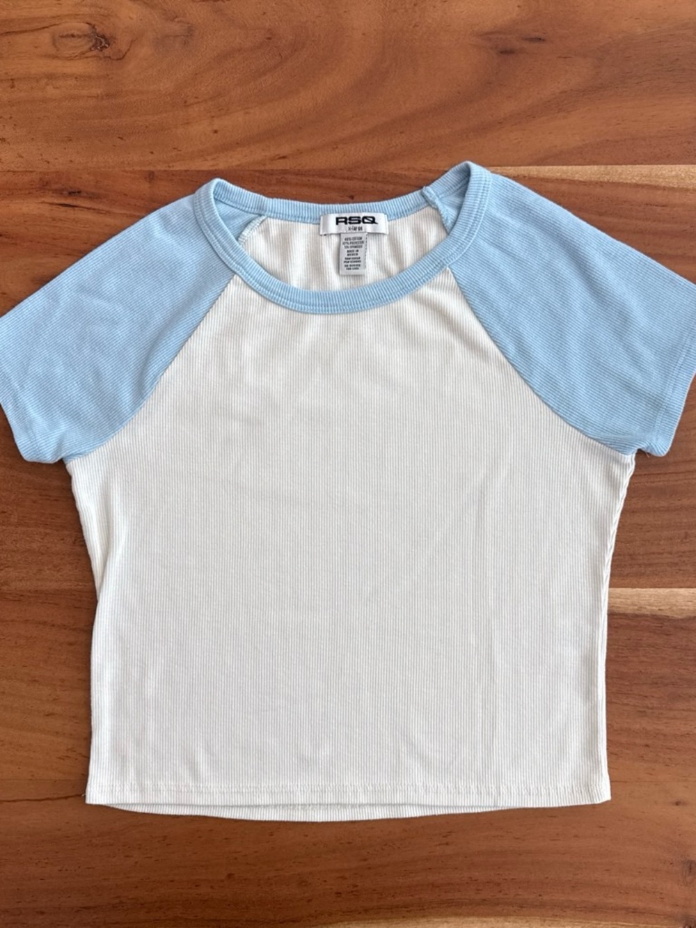RSQ White Tee with Light Blue Raglan Sleeves